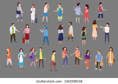 Set a crowd of people characters go about their business, make purchases, loving couples, single, sellers, buyers