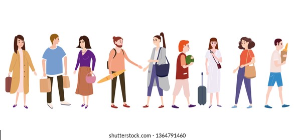 Set a crowd of people characters go about their business, make purchases, loving couples, single, sellers, buyers. Trend graphic style, Flat cartoon, tiny people, isolated, vector, illustration