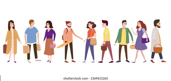 Set a crowd of people characters go about their business, make purchases, loving couples, single, sellers, buyers. Trend graphic style, Flat cartoon, tiny people, isolated, vector, illustration