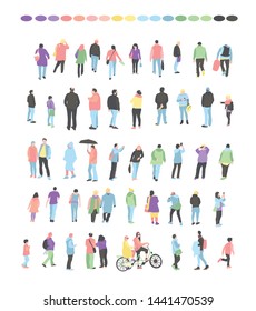 Set  crowd of people characters performing various activities. Group of men and women flat design style cartoon characters isolated on white background. 