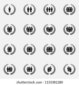 Set of crowd of people silhouettes with laurel wreath vector icons.