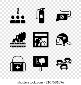 Set Crowd protest, Fire extinguisher, Speech bubble chat, First aid kit, Protest, Traffic jam, Lying burning tires and Broken window icon. Vector