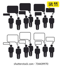Set of crowd of working people with speech bubbles. Flat cute miniature about teamwork and partnership. For business design and infographic. Vector illustration. Isolated on white background.