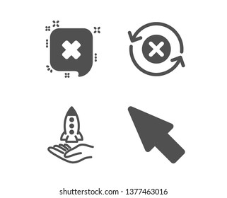 Set of Crowdfunding, Reject and Reject refresh icons. Mouse cursor sign. Start business, Delete message, Update rejection. Click arrow.  Classic design crowdfunding icon. Flat design. Vector