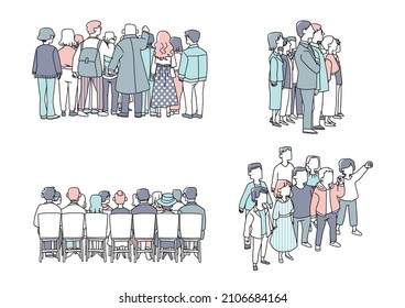 A set of crowds seen from various angles, a warm hand-drawn portrait illustration, a vector on a white background