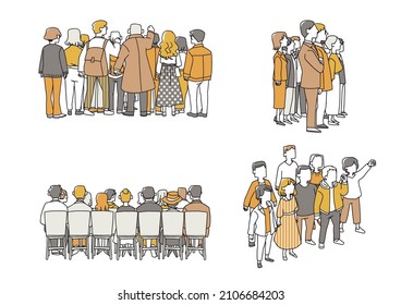 A set of crowds seen from various angles, a warm hand-drawn portrait illustration, a vector on a white background