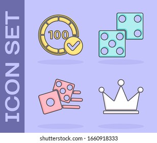 Set Crown, Casino chips, Game dice and Game dice icon. Vector