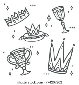 Set of crown and chalice. Fairy tale kingdom element. Perfect for kids room decoration, party printables, background element, invitation, frame design, etc