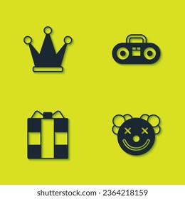 Set Crown, Clown head, Gift box and Home stereo with two speakers icon. Vector