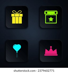 Set Crown, Gift box, Balloon in form of heart and Calendar party. Black square button. Vector