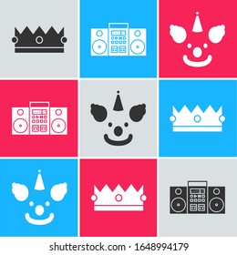 Set Crown , Home stereo with two speakers  and Clown head  icon. Vector