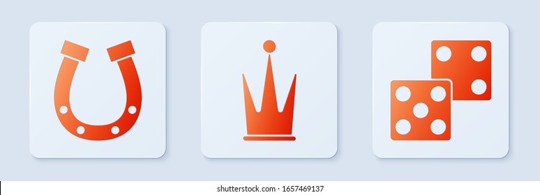 Set Crown, Horseshoe and Game dice. White square button. Vector