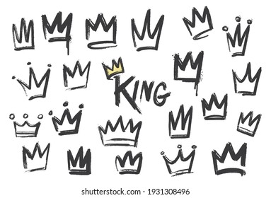 Set crown icon in brush stroke texture paint style  hand drawn illustration 