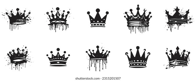 Set of crown icon. royal and queen icon black and white. logo for crown, paint splash style. sign and symbol. royalty vintage style white background. vector illustration