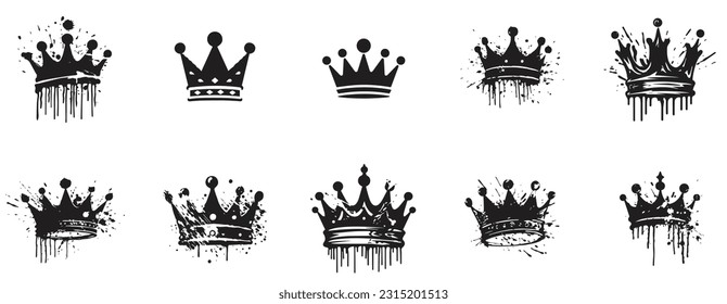 Set of crown icon. royal and queen icon black and white. logo for crown, paint splash style. sign and symbol. royalty vintage style white background. vector illustration