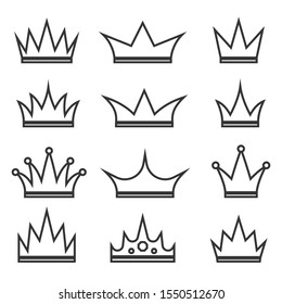 Set of Crown icons in linear style. Vector illustration. Black royal Crown icons isolated.