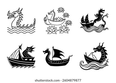 Set of crown icons with nautical elements including boats, sailboats, yachts, birds, and ocean patterns in a decorative, travel-inspired vector design