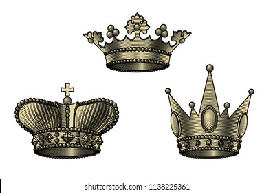 Set of crown icons in old style. Retro design elements. Vintage engraving stylized drawing. Vector illustration
