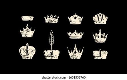 Set of crown icons with rough texture for logo, label and emblem design. White print on black background