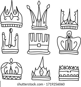 A Set of crown icons suitable for kingdom theme content with doodle cartoon style