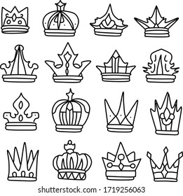 A Set of crown icons suitable for kingdom theme content with doodle cartoon style