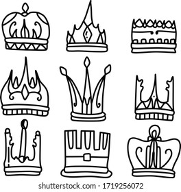 Eine Reihe von Kronicons, die für Inhalte zum Thema des Königreichs mit doodle Cartoon-Stil geeignet sind
