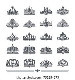 Set of crown icons that are symbols of power and wealth of kings and queens, colorless banner on vector illustration isolated on white background