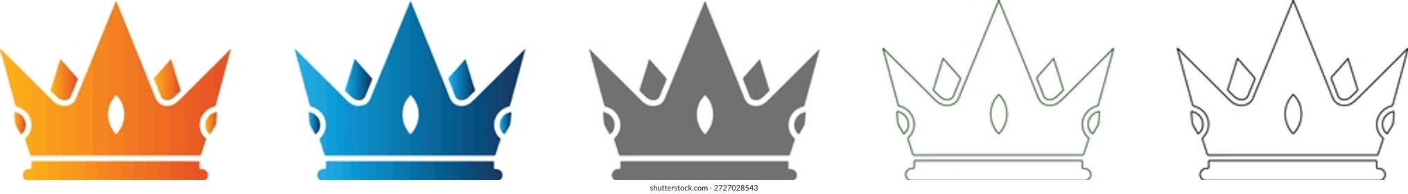 Um conjunto de ícones de coroa em vários estilos, incluindo laranja gradiente, azul, cinza sólido e contorno. Este conjunto de ícones simples representa royalty, liderança e status.