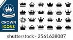 Set of Crown icons, vector. Crown silhouette, icon. Crown symbol set. King, Princess crowns. Collection of crown silhouette. Vector illustration.