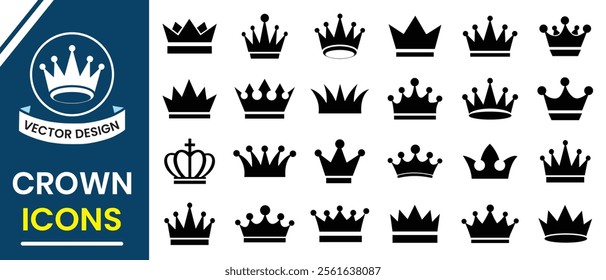 Set of Crown icons, vector. Crown silhouette, icon. Crown symbol set. King, Princess crowns. Collection of crown silhouette. Vector illustration.