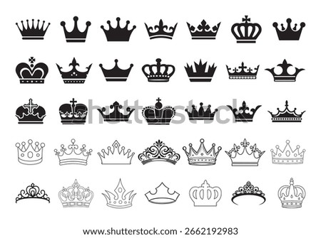 Set of Crown icons, vector. Crown silhouette, icon. 
Crown symbol set. King, Princess crowns. 
Collection of crown silhouettes. Vector illustration.
