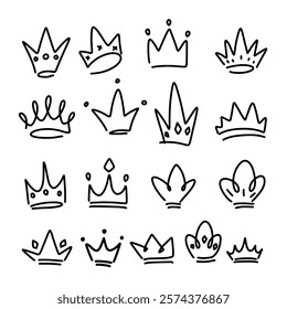 Set of crown illustrations in sketching style. Corona symbols. Tiara icons.