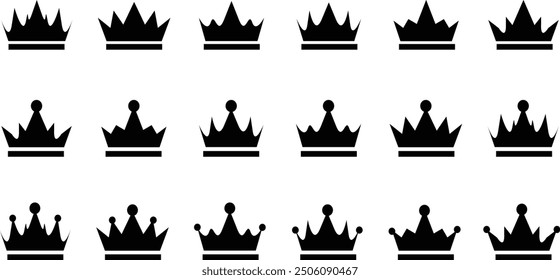 Set of crown king mega icons. Black crown symbol isolated on white background. Different crown signs, silhouette crown symbol vector illustration