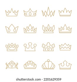 Set of crown line icon, monogram outline style, Vector heraldic elements design. Luxury collection of symbols of leadership, success, power and riches or wealth.