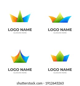 Fijar el logotipo de la corona y la ilustración de diseño en 3d de color, iconos de rey
