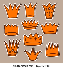 Set with crown logo icons. Orange icon isolated on color background. Doodle vector illustration. Queen royal princess symbol collection. Promotional items for girls, womens. Cartoon style.