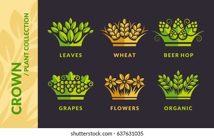 Set crown logo - plant collections - vector illustration, emblem design on black background