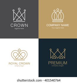 Set of  crown logo templates. Vector crown design for business company, hotel, boutique, restaurant, invitation, jewellery, letter. Hipster, winner logo. Award event. Real estate. Monogram design. 