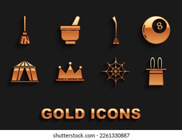 Set Crown, Magic ball of predictions, Magician hat and rabbit ears, Spider web, Circus tent, Witches broom,  and mortar pestle icon. Vector