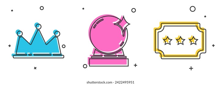 Set Crown, Magic ball and Ticket icon. Vector