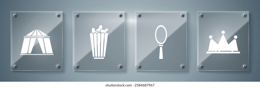 Set Crown, Magic hand mirror, Popcorn in box and Circus tent. Square glass panels. Vector