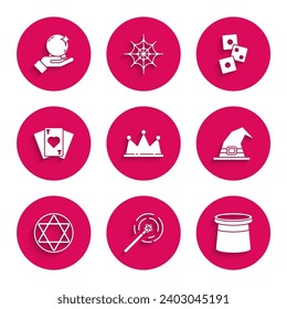 Set Crown, Magic wand, Magician hat, Witch, Star of David, Playing cards, Game dice and ball on hand icon. Vector