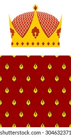 Set Crown and mantle. Royal Crown. Jewelry accessory made of gold for the King. Seamless pattern Royal mantle. Vector illustration