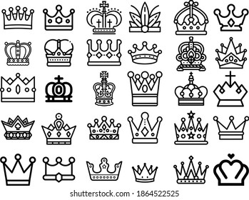 Conjunto de coronas de estilo moderno. Símbolos negros de alta calidad para el diseño de sitios web y aplicaciones móviles. Pictogramas simples lineales de la corona sobre un fondo blanco.