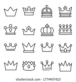 Set of crown in modern thin line style. High quality black outline symbols for web site design and mobile apps. Simple linear crown pictograms on a white background.