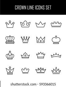 Set of crown in modern thin line style. High quality black outline  symbols for web site design and mobile apps. Simple linear crown pictograms on a white background.