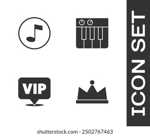 Set Crown, Music note, tone, Location Vip and synthesizer icon. Vector
