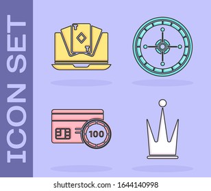 Set Crown, Online poker table game, Credit card and Casino roulette wheel icon. Vector