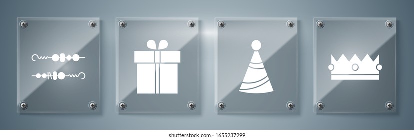 Set Crown , Party hat , Gift box  and Grilled shish kebab. Square glass panels. Vector