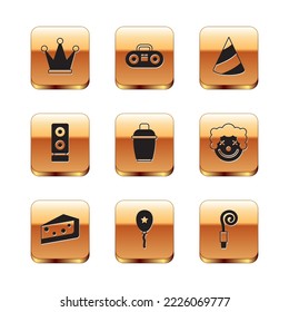 Set Crown, Piece of cake, Balloon with ribbon, Cocktail shaker, Stereo speaker, Party hat, Birthday party horn and Home stereo two speakers icon. Vector